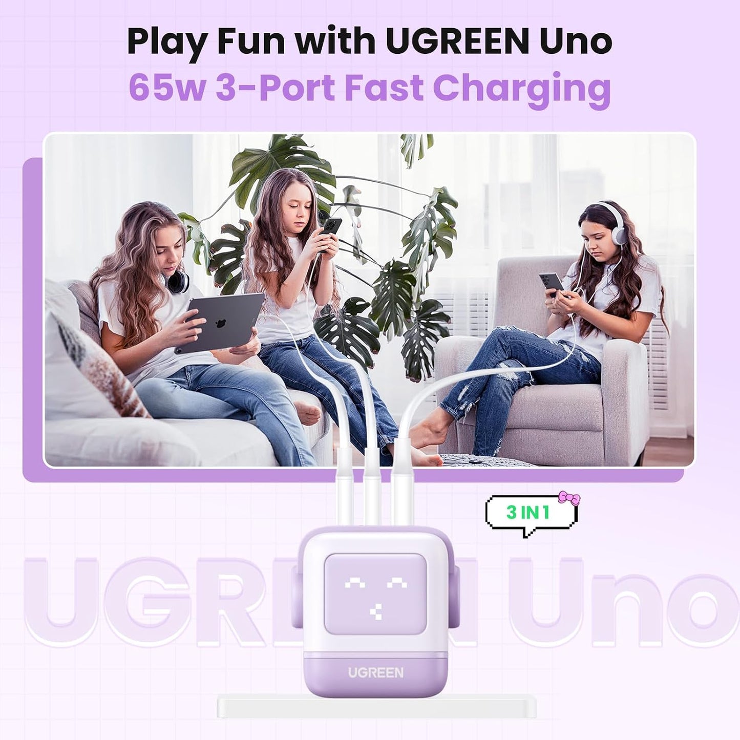 UGREEN Uno 65W Bloque de Cargador USB C, Carga Rápida GaN de 3 Puer...
