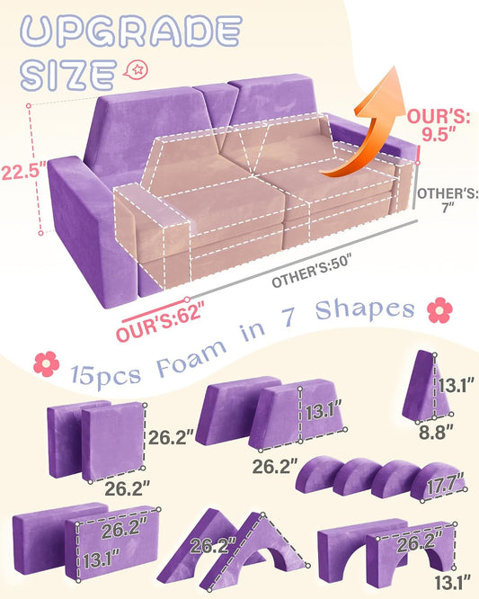 YEFU 15 piezas Sofá modular de juegos para niños, sofá de espuma co...