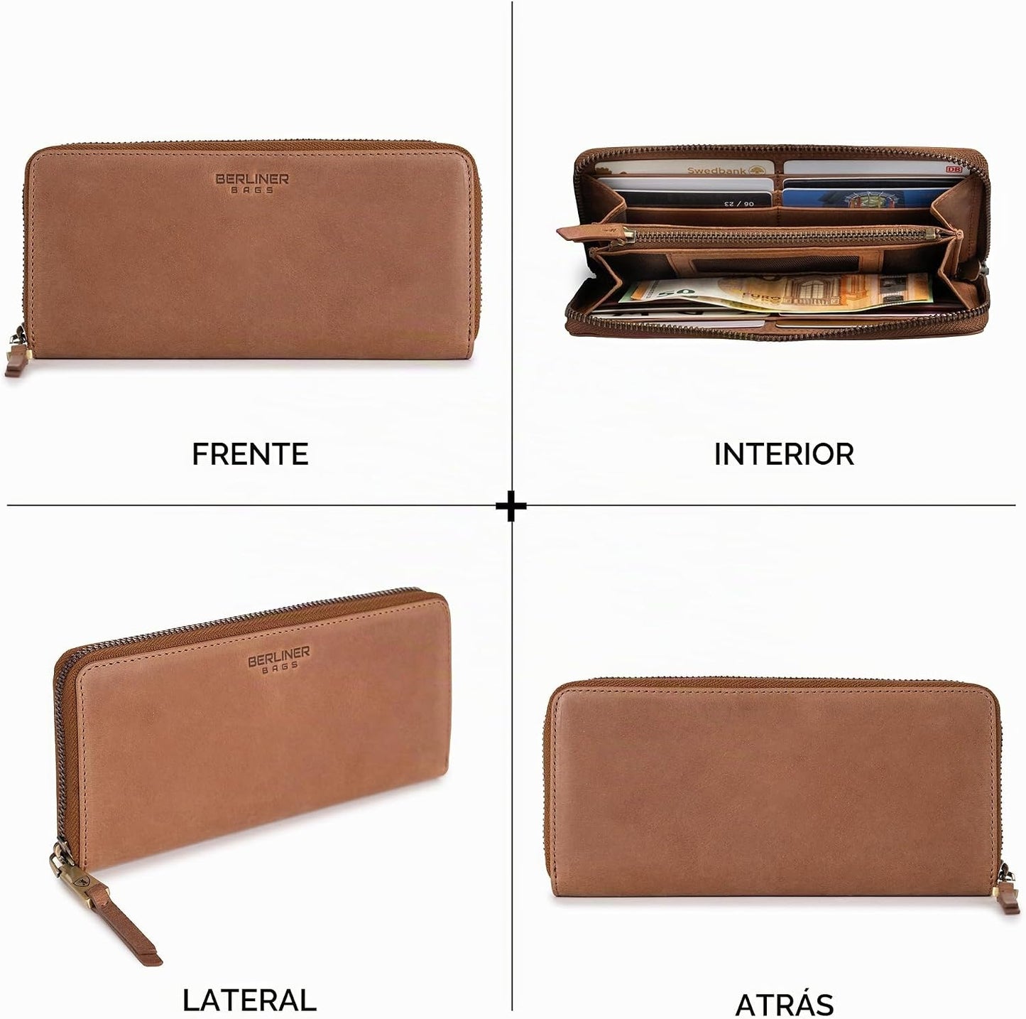 BERLINER BAGS Cartera con cremallera de cuero genuino Palma, caja d...