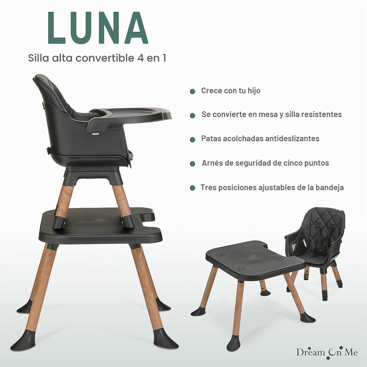 Dream On Me Luna - Silla alta convertible 4 en 1 para bebé, color n...