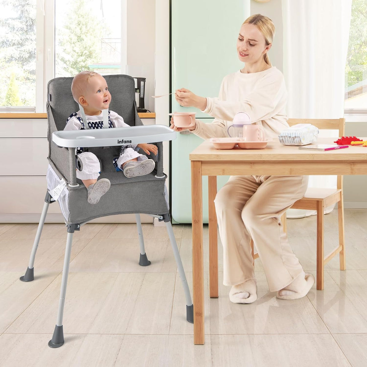INFANS Silla alta para bebé, silla alta plegable portátil para bebé...