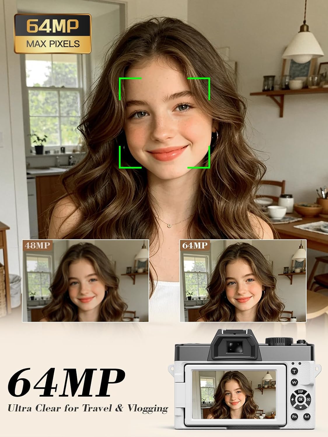 Cámara digital True 5K 64MP para fotografía (blanco perla) | Enfoqu...
