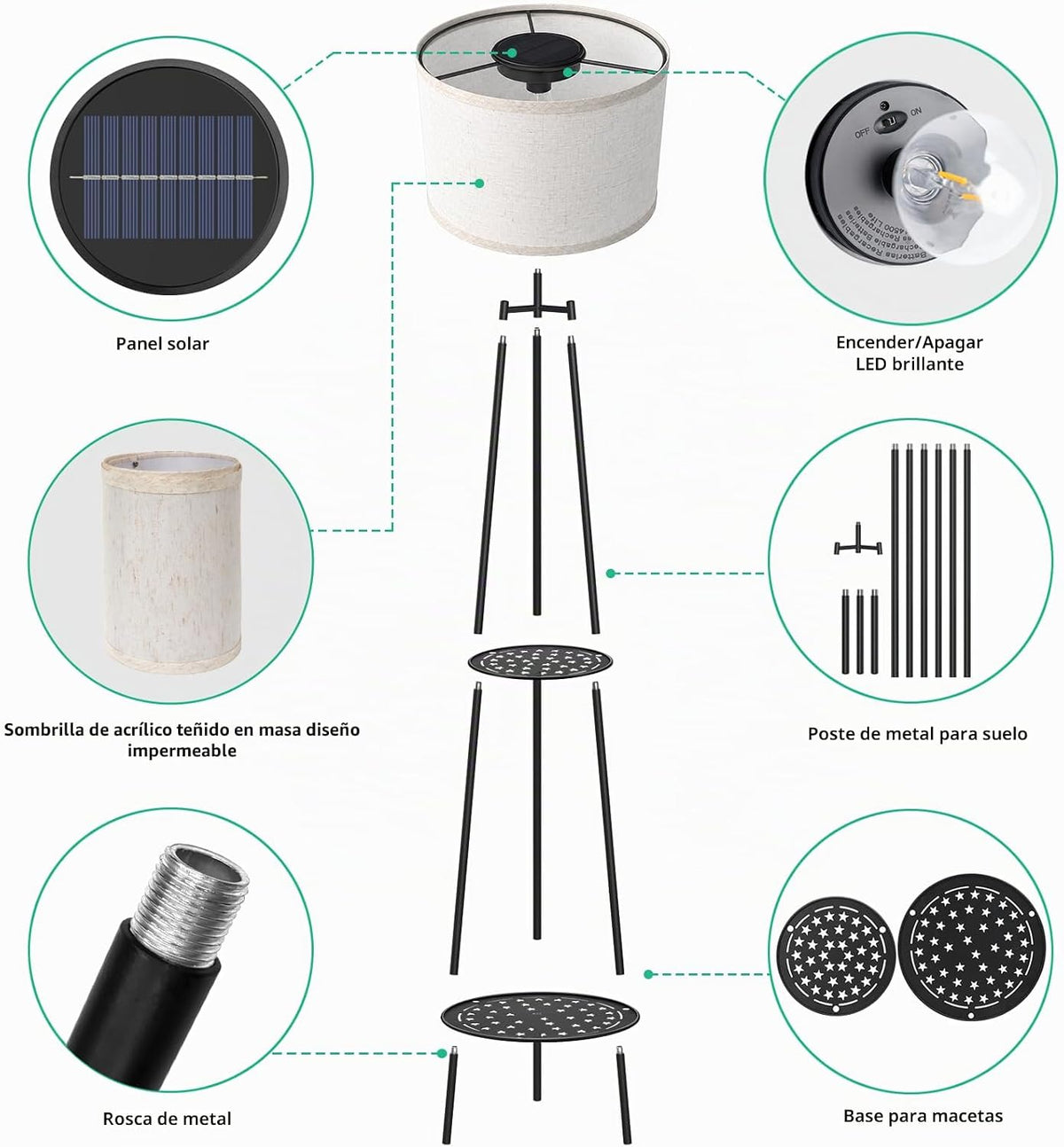 VISFLAIR Lámpara de pie solar para exteriores con soporte para plan...