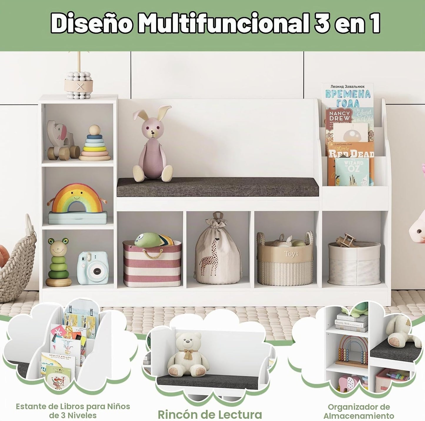 Costzon Estantería infantil de 53.5 pulgadas con rincón de lectura,...