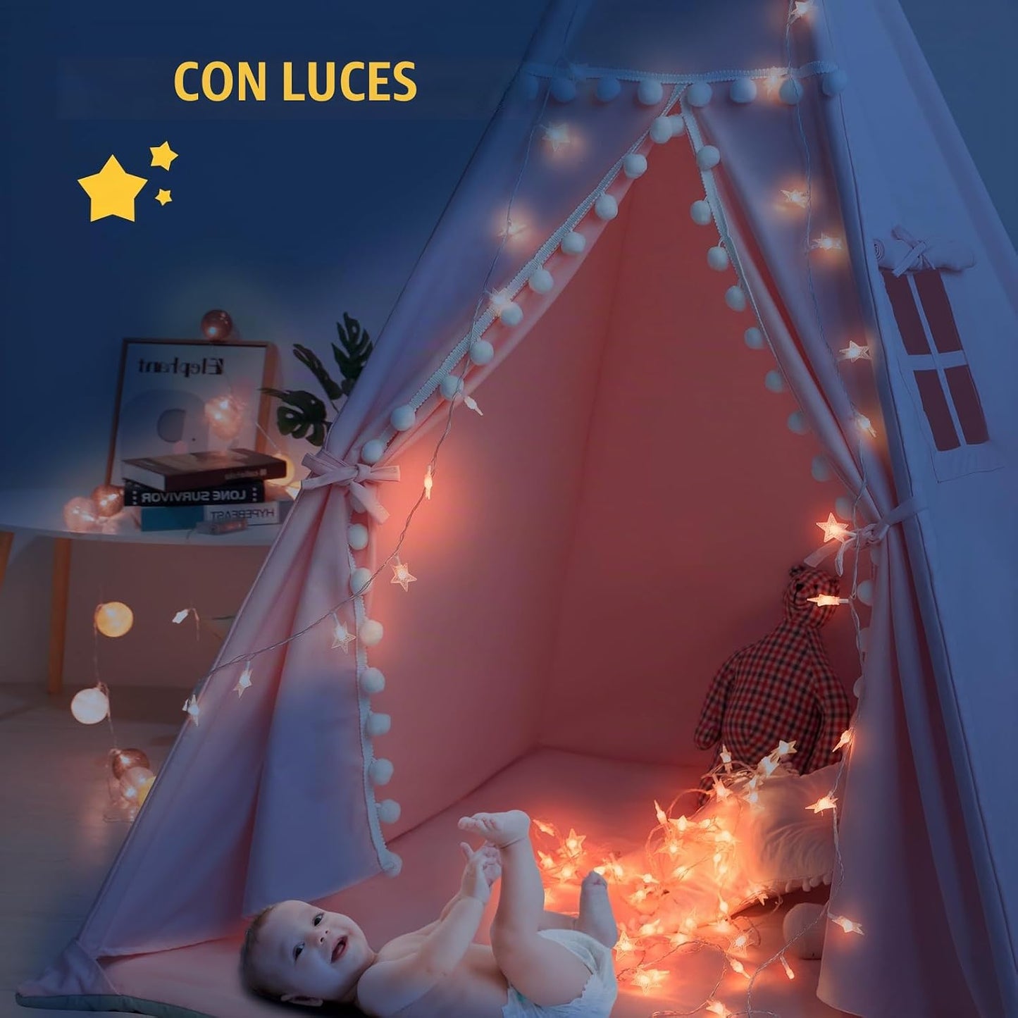 RONGFA Tienda de campaña tipi para niños con alfombra, luces de est...