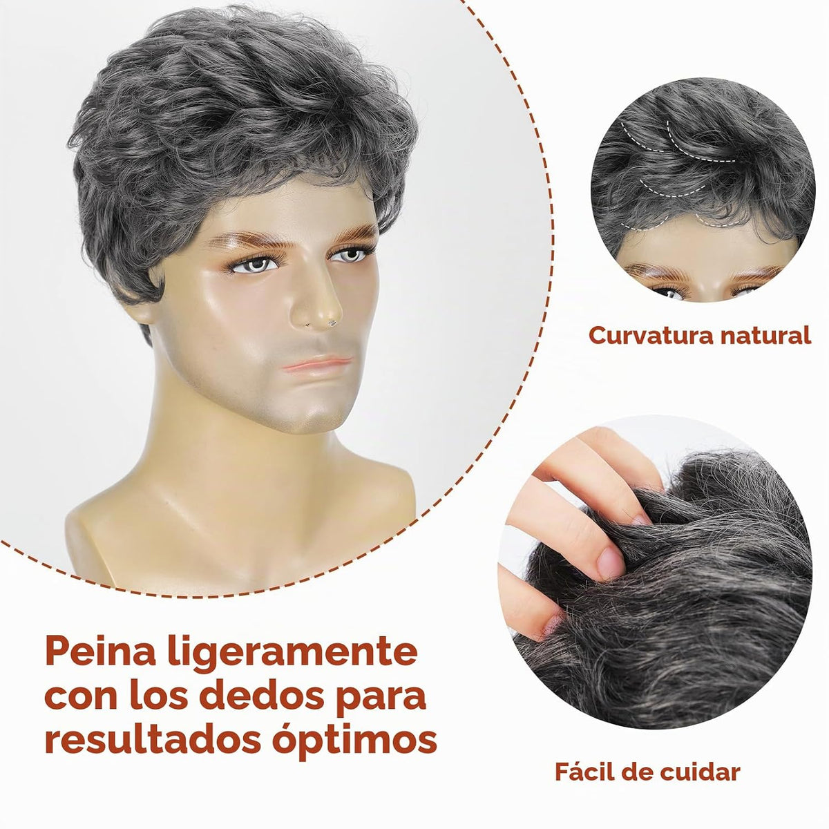 BCHR Peluca corta gris oscuro para hombre, peluca de cabello sintét...