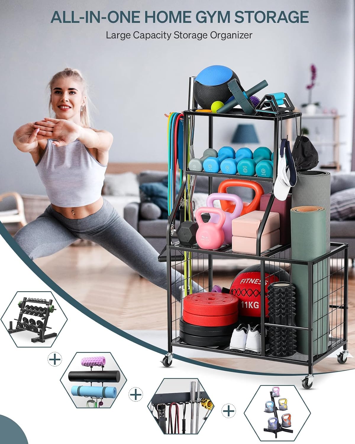 AHOWPD Estante de pesas para gimnasio en casa, estante de almacenam...