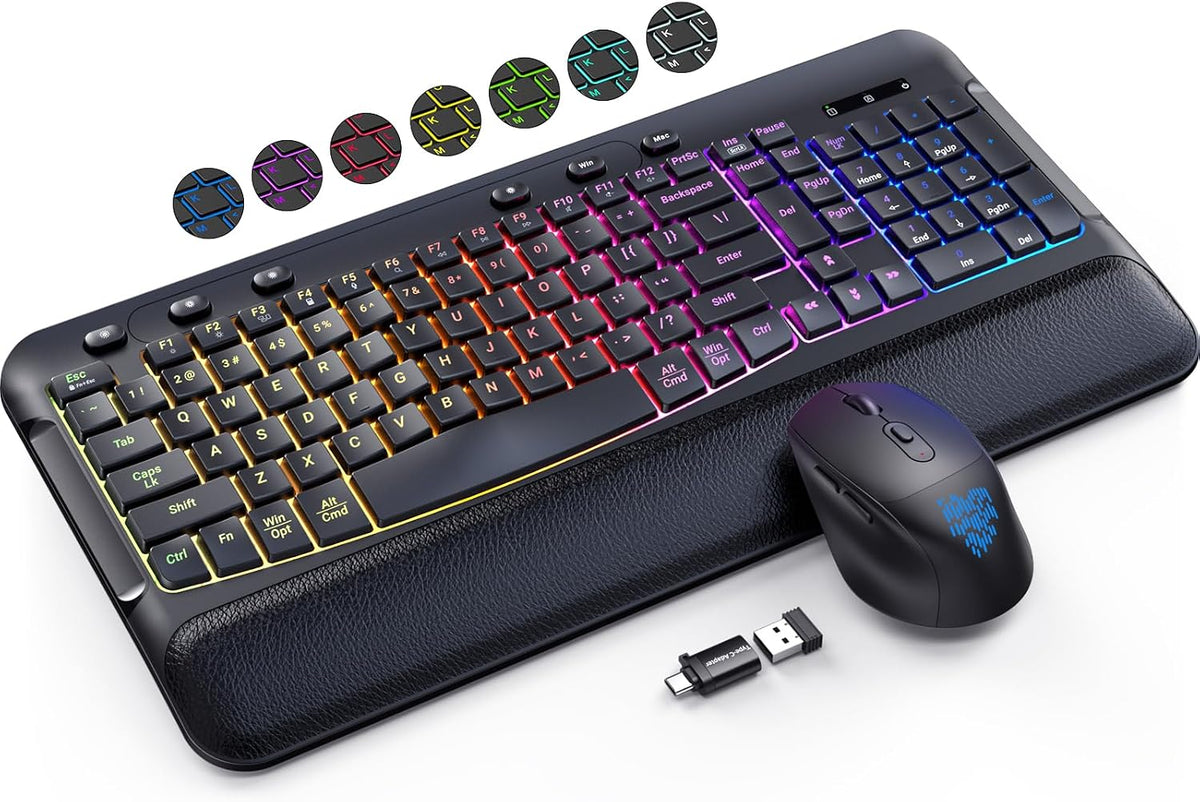Juego de ratón con teclado inalámbrico, 9 retroiluminación RGB, rep...