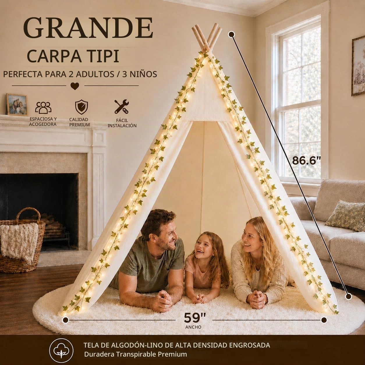 Tienda de campaña tipo tipi grande XXL para adultos y niños con luz...