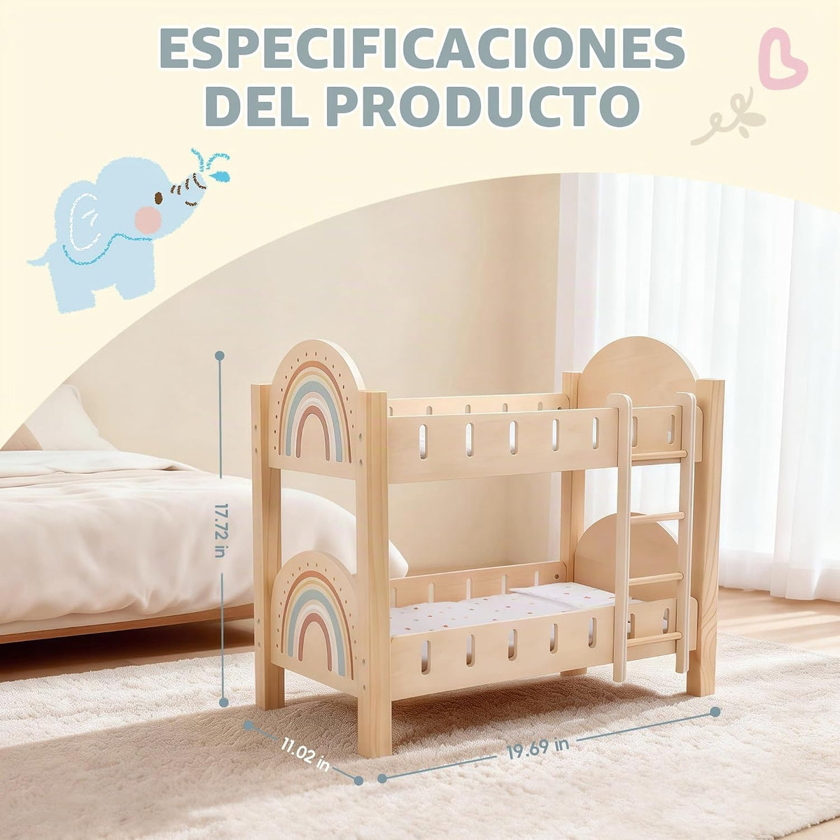 Freniland Litera de madera para muñecas con escalera y ropa de cama...
