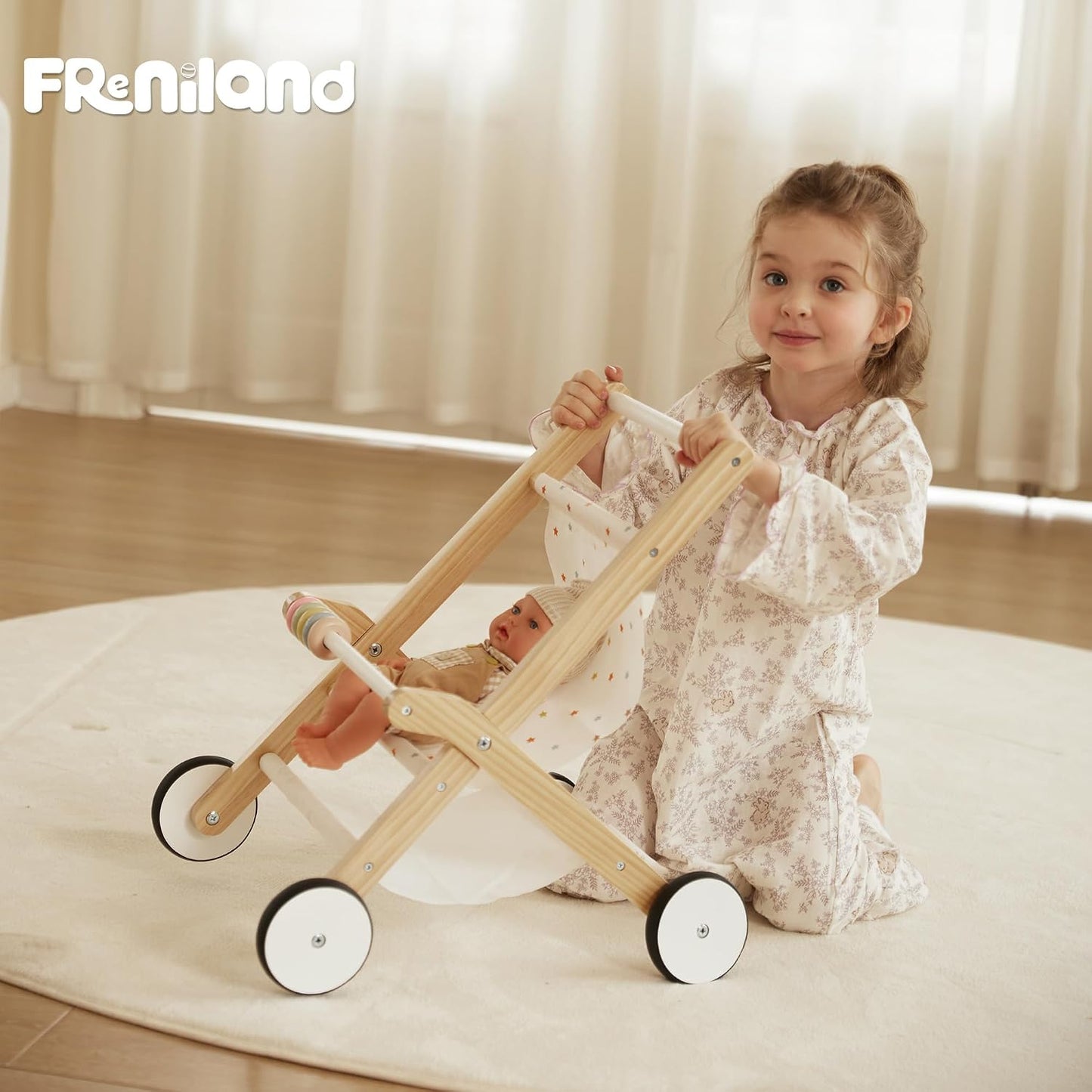 Freniland Cochecito de madera para muñeca de bebé, juguete para cam...