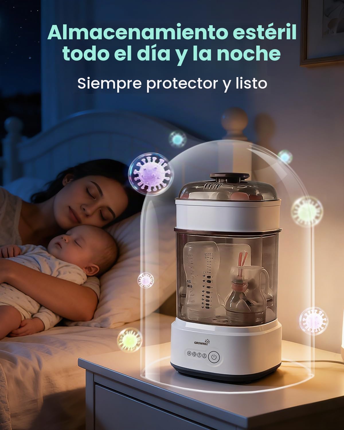 Grownsy Esterilizador y secador compacto para biberones con desinfe...