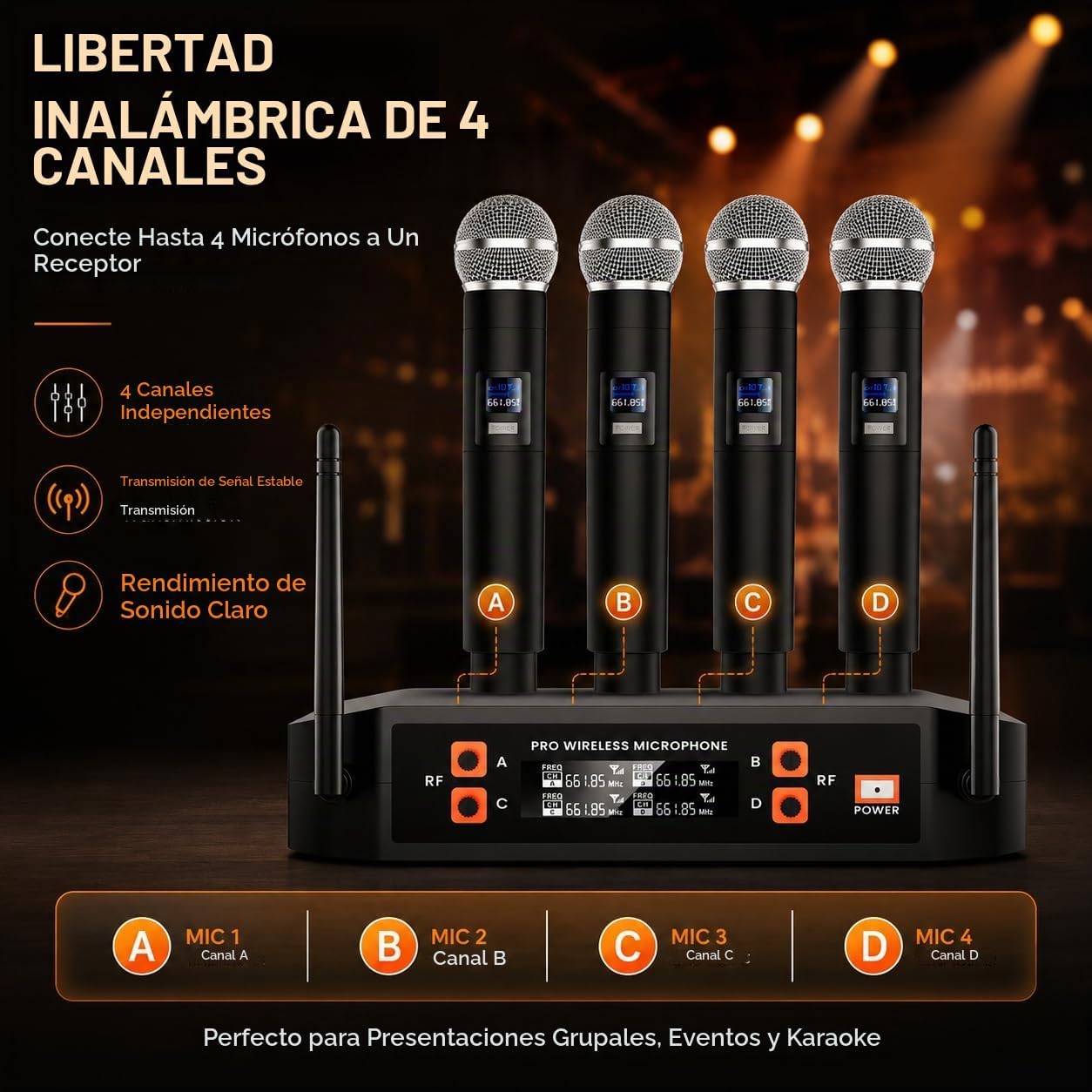 Gritto Sistema de micrófono inalámbrico de 4 canales, micrófono ina...