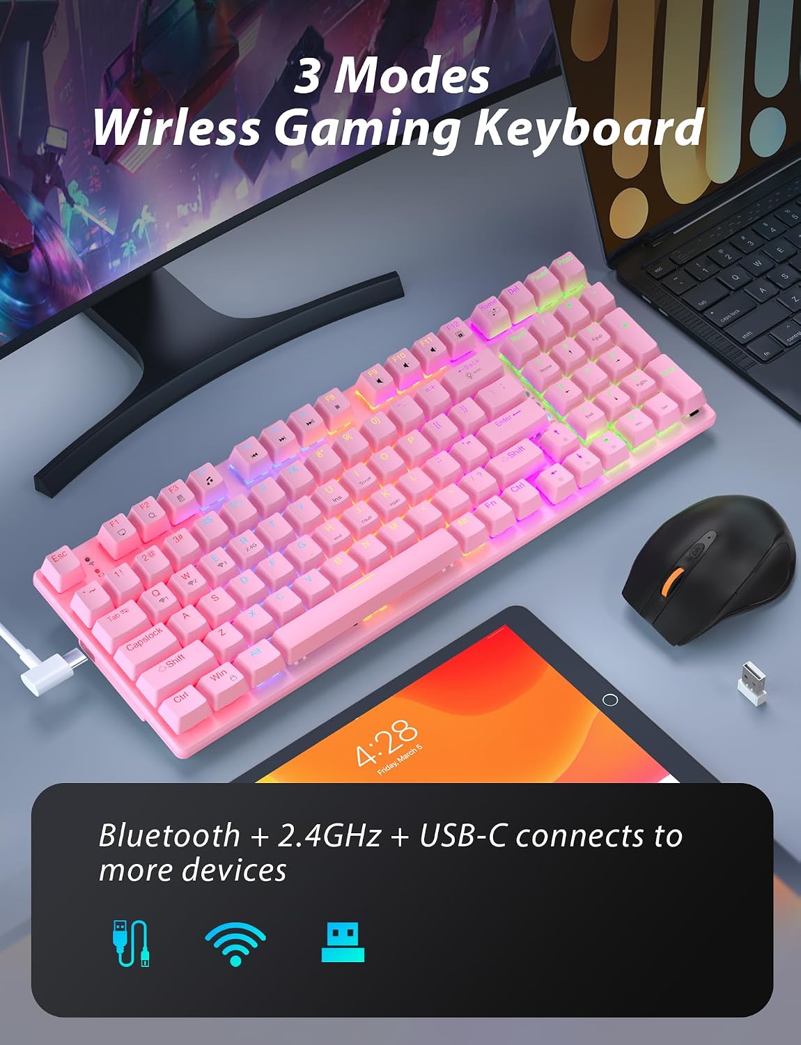 Combo de teclado y mouse mecánicos inalámbricos para juegos, baterí...