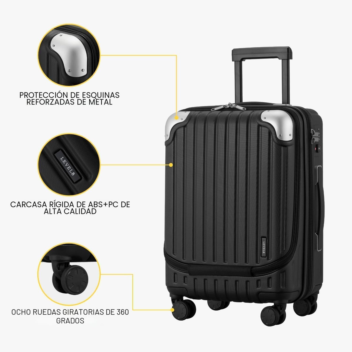 LEVEL8 Equipaje Grace, Negro, 20 pulg. | Bolsillo frontal, se adapt...