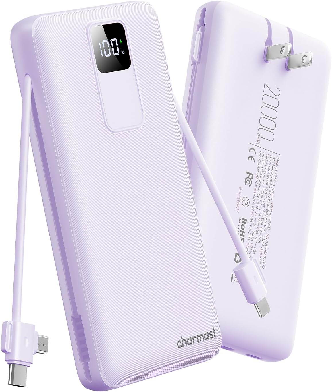 charmast Cargador portátil de 20000 mAh con cables integrados y enc...