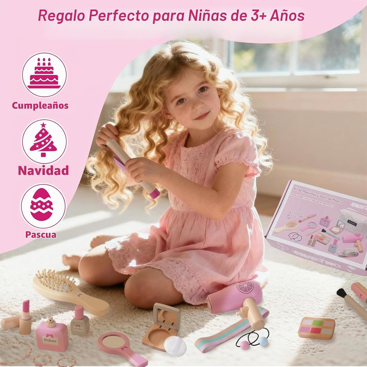 SMARTWO Kit de maquillaje de madera para niñas, juego de salón de b...