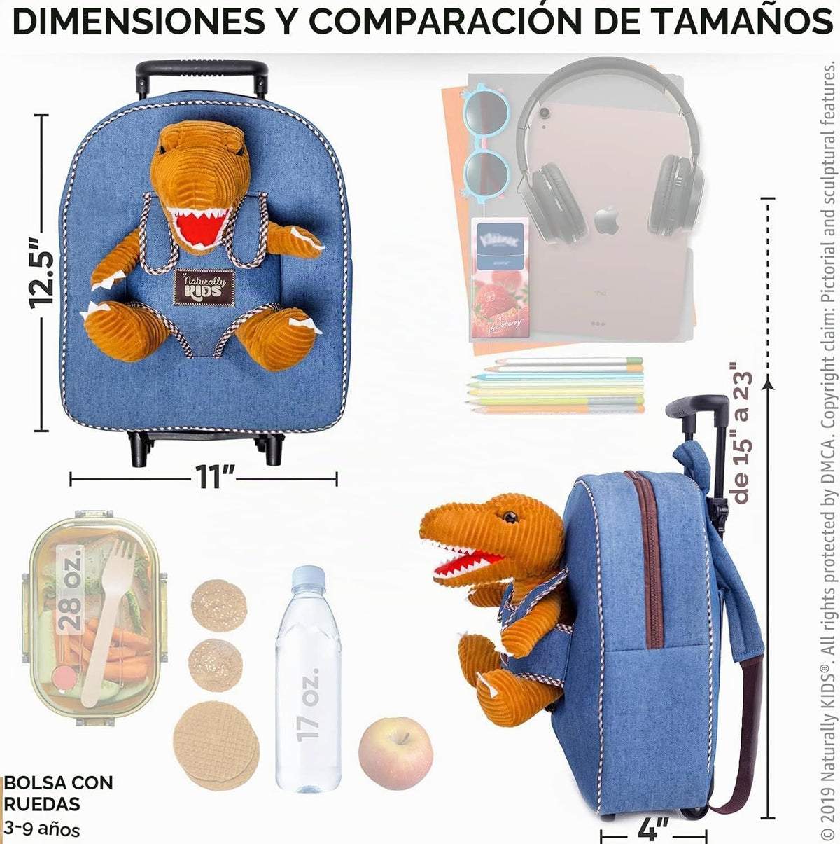 Maleta para niños pequeños con juguetes de dinosaurio, mochila roda...