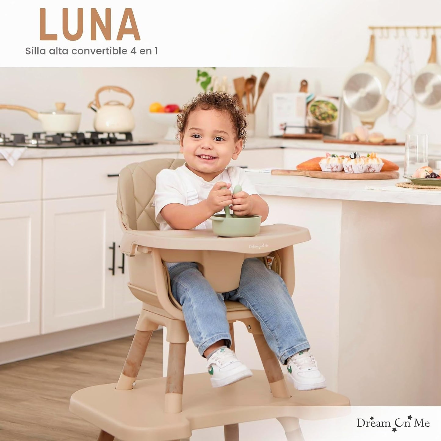 Dream On Me Luna - Silla alta convertible 4 en 1 para bebé en beige...