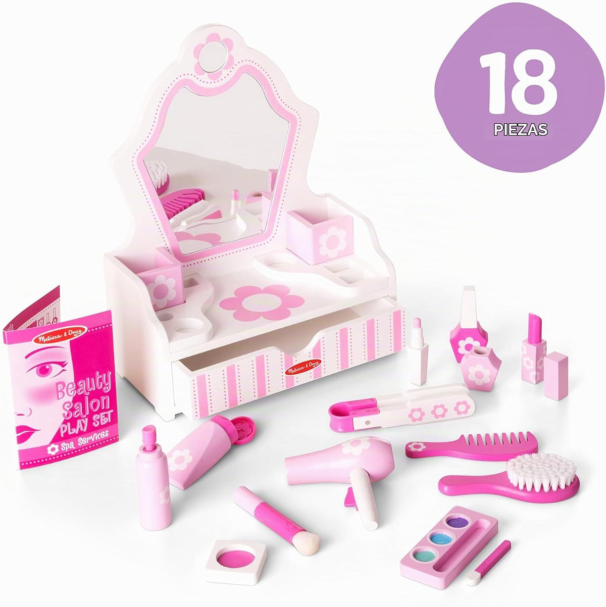 Melissa &amp; Doug Juego de madera para salón de belleza, tocador d...