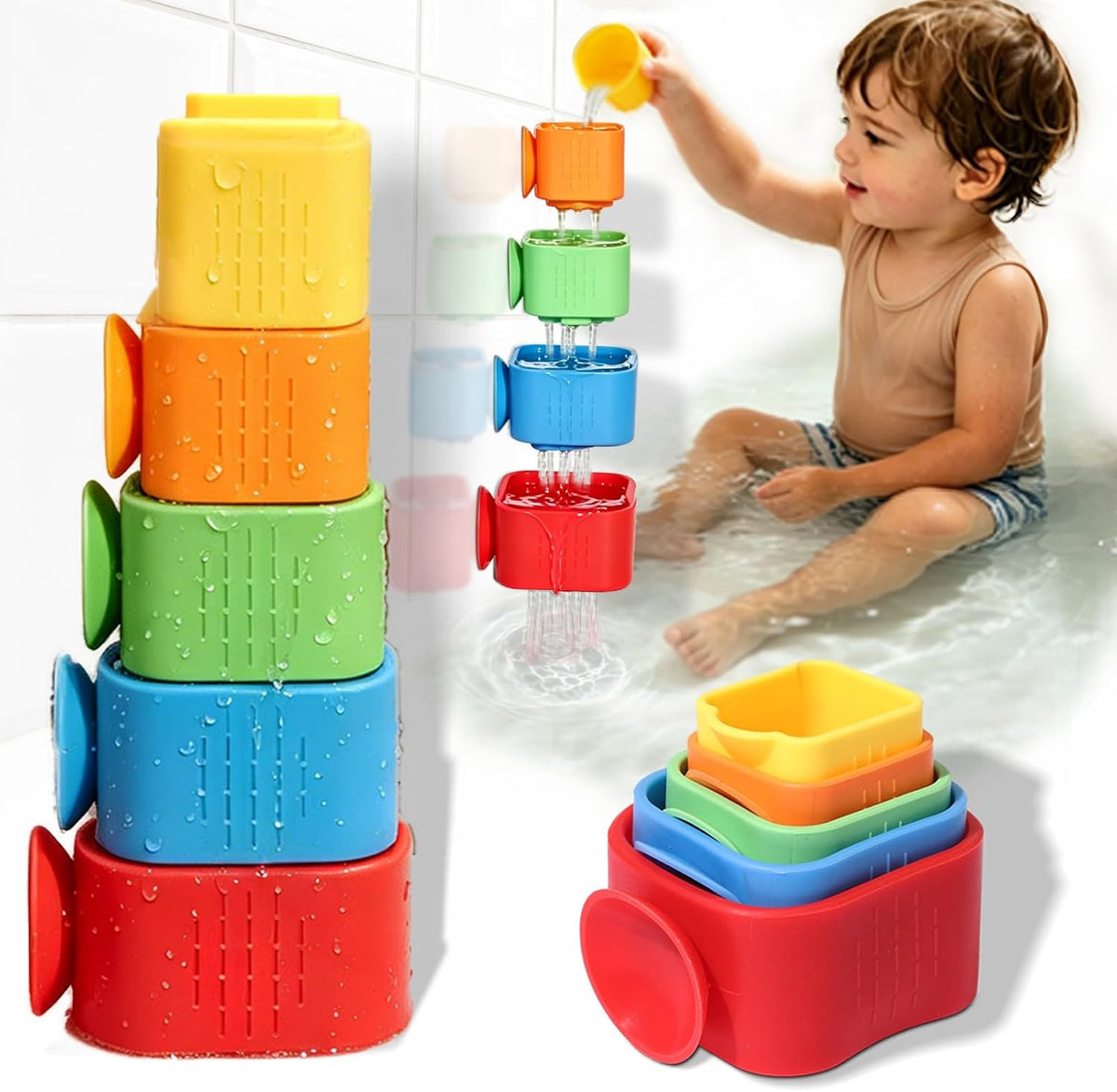 Juguetes de baño con ventosa para niños pequeños: 5 piezas de vasos...