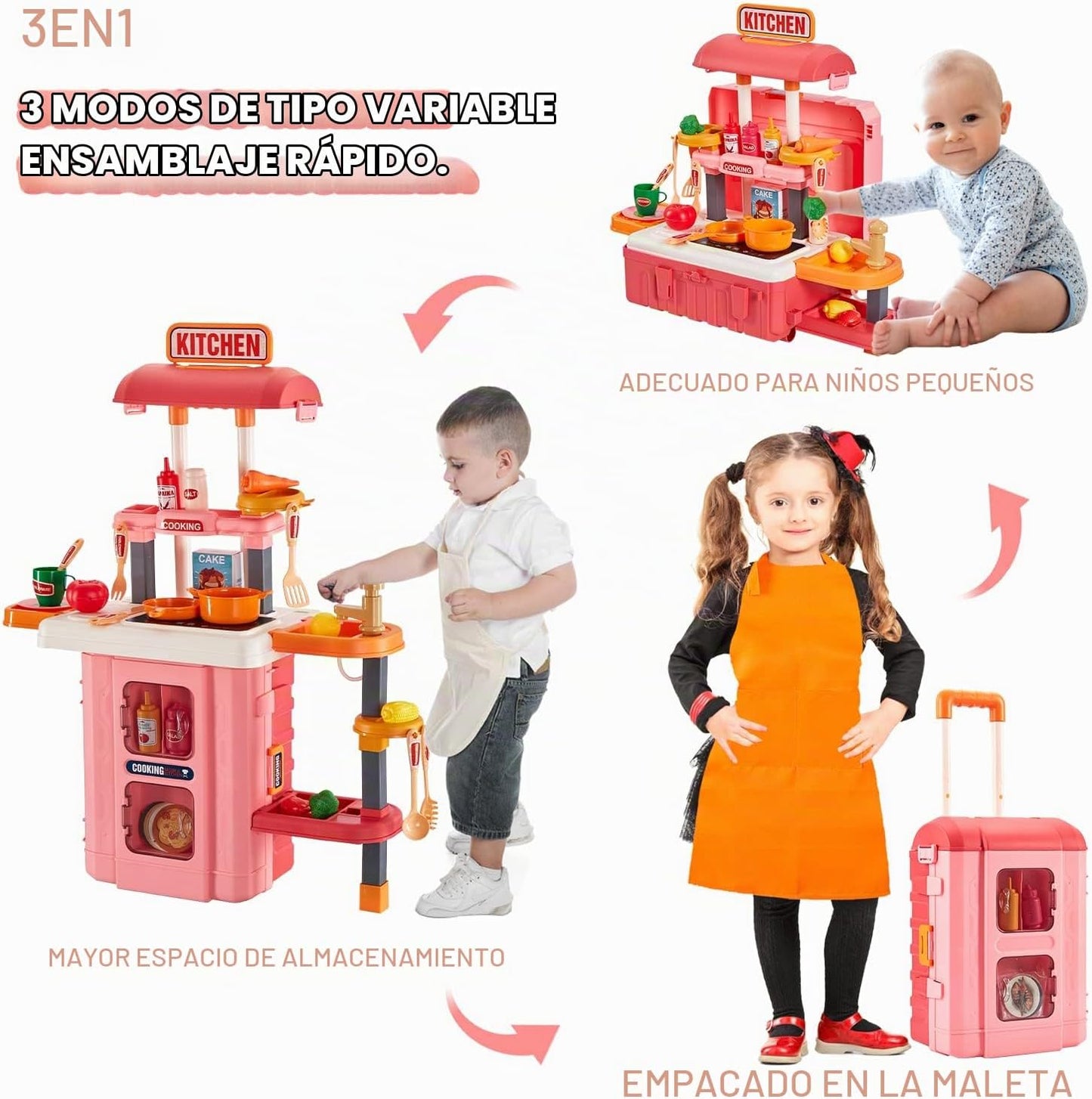 Cocina de juego 3 en 1 para niños y niños pequeños, juego de cocina...