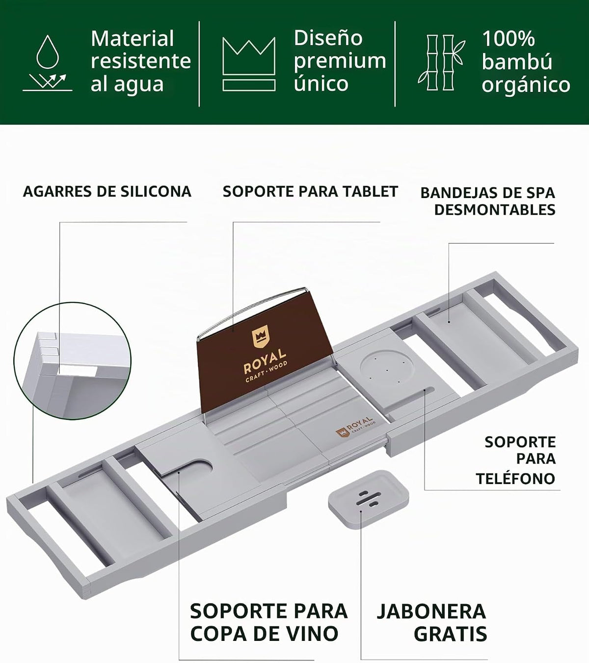 Royal Craft - Bandeja de bambú para bañera con soporte para libro y...