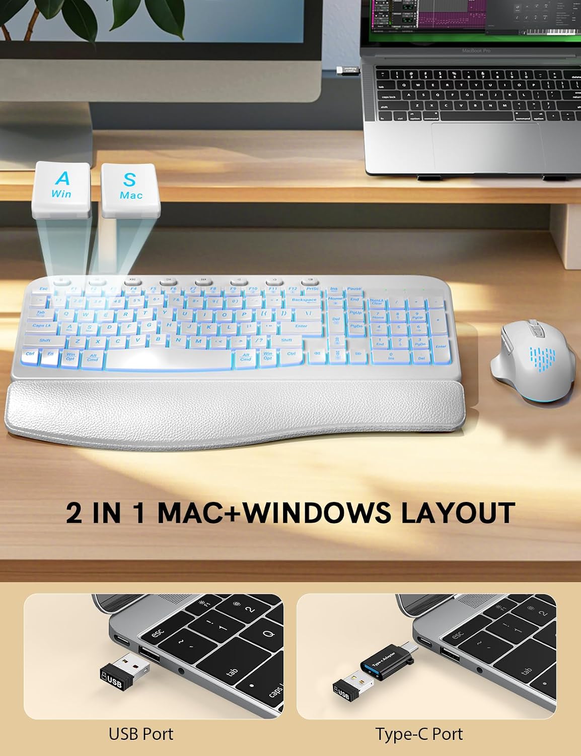 SABLUTE Combo de teclado y mouse inalámbricos, onda ergonómica con...