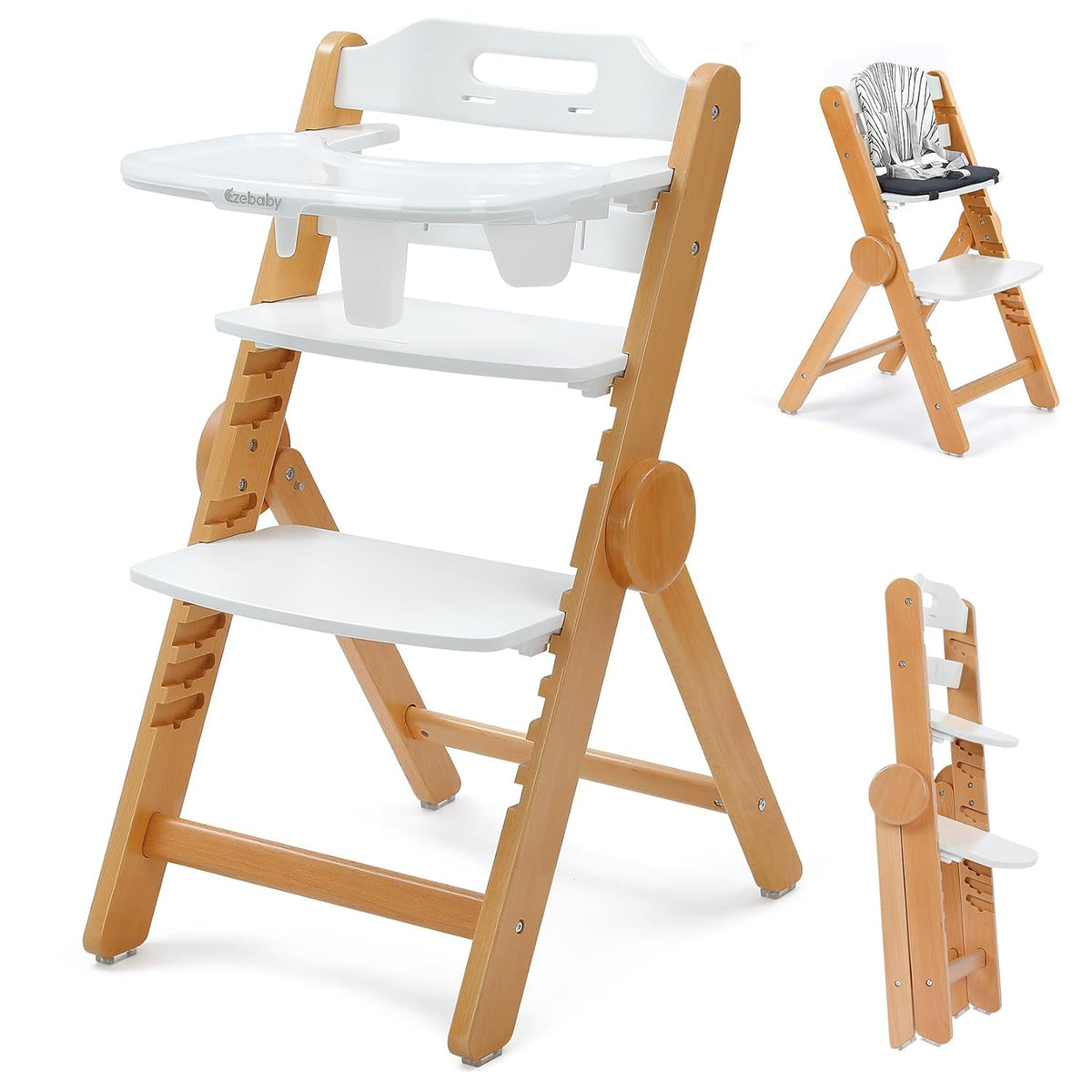 Ezebaby Silla alta plegable de madera, silla alta ajustable sin her...