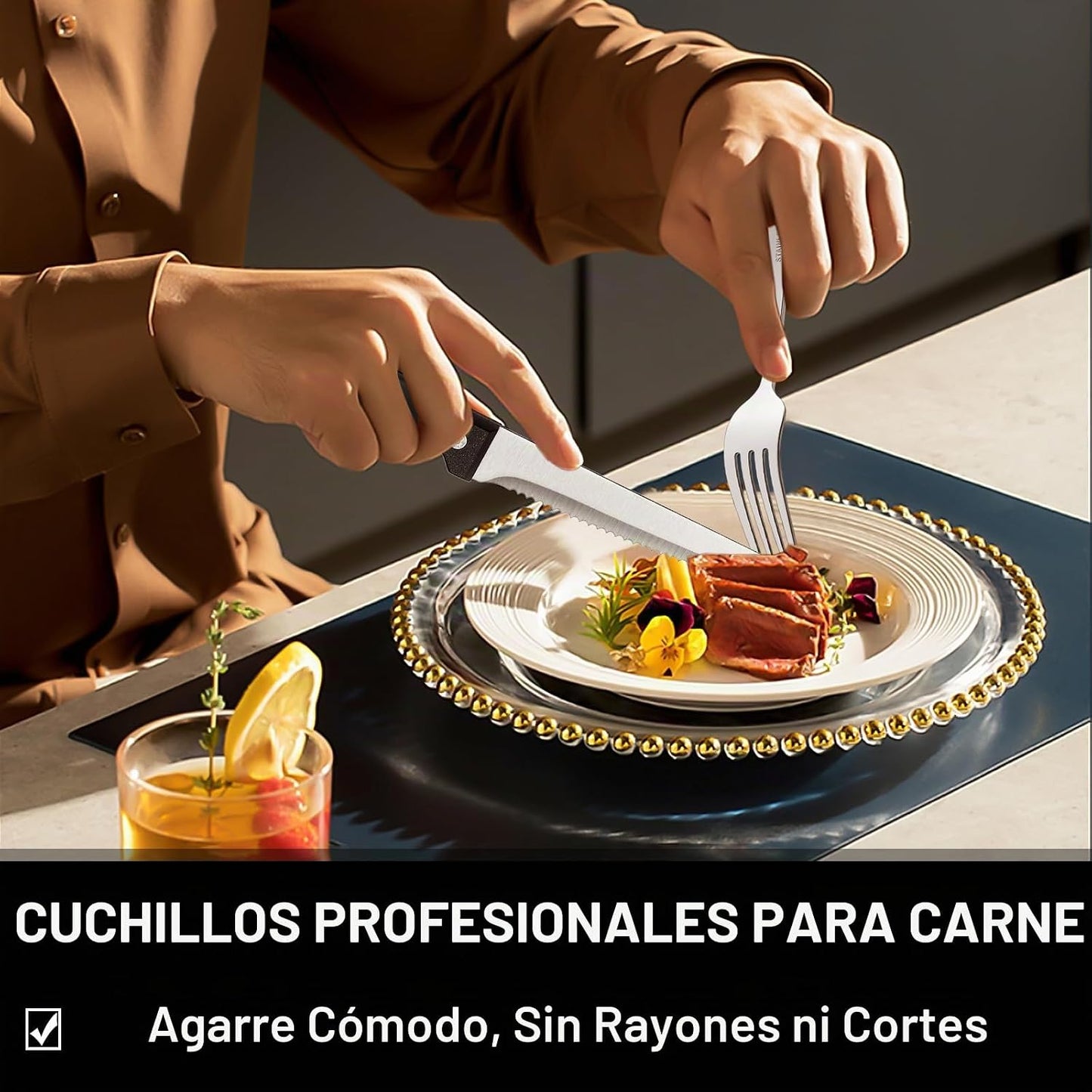 Juego de cubiertos martillados de 49 piezas con organizador, cubier...