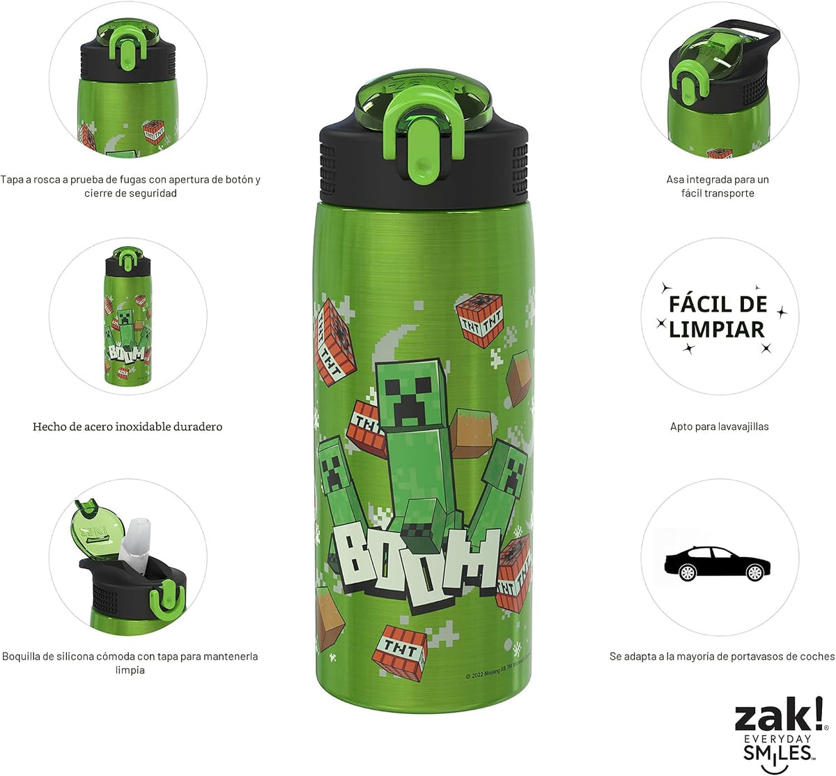 Zak Designs Botella de agua Minecraft para viajes y para el hogar,...