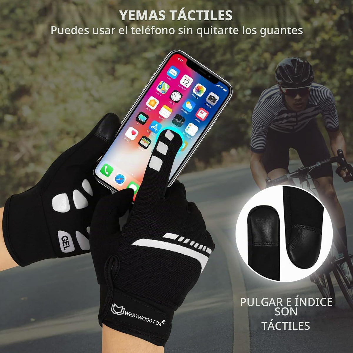 WESTWOOD FOX Guantes de ciclismo para hombres y mujeres, dedo compl...