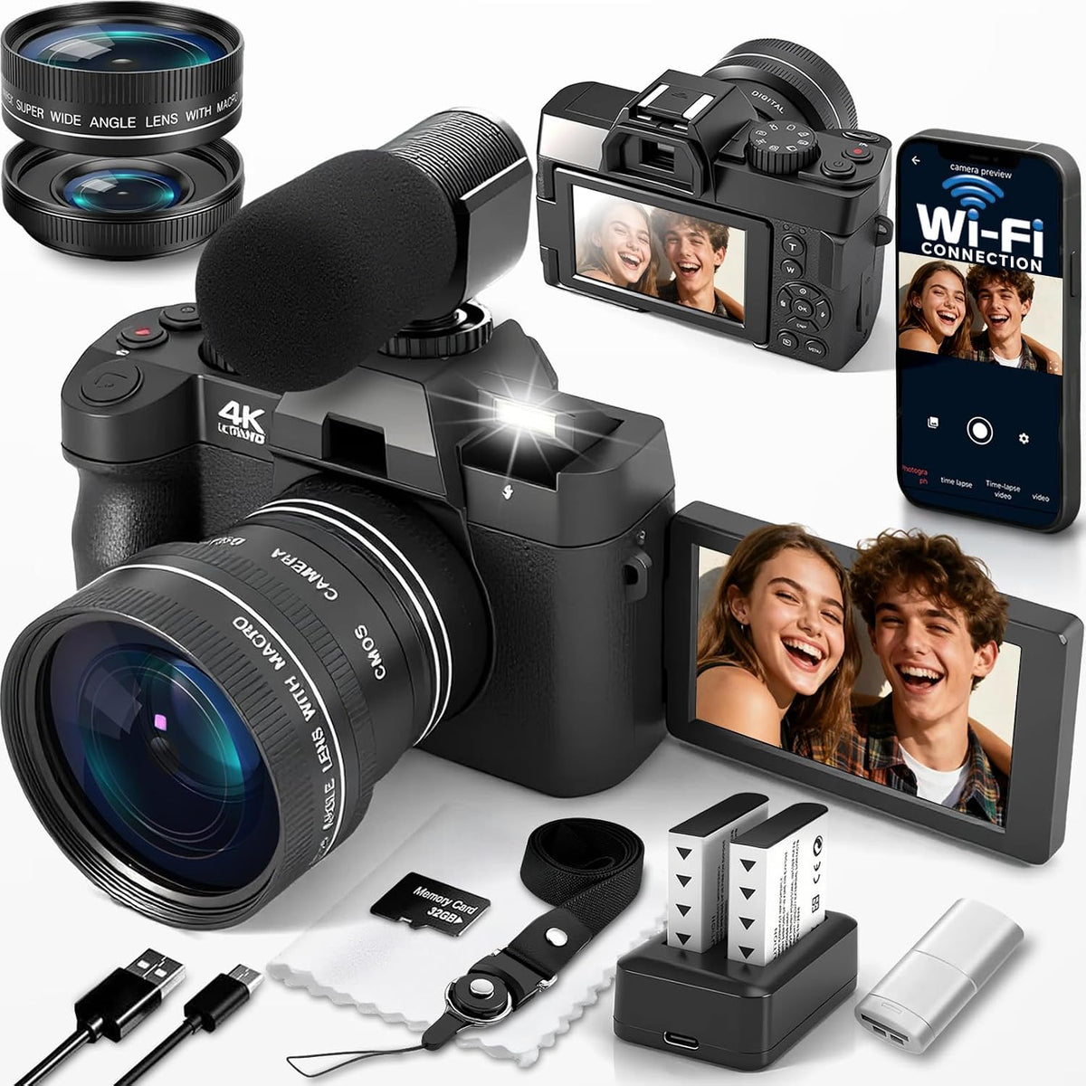 Cámara digital 4K para fotografía con WiFi, cámara de videoblogs co...
