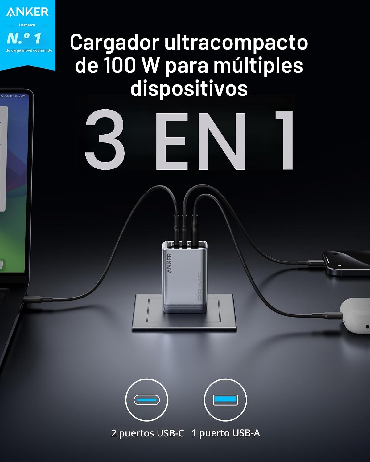 Anker Cargador Prime, cargador USB C plegable compacto de 3 puertos...