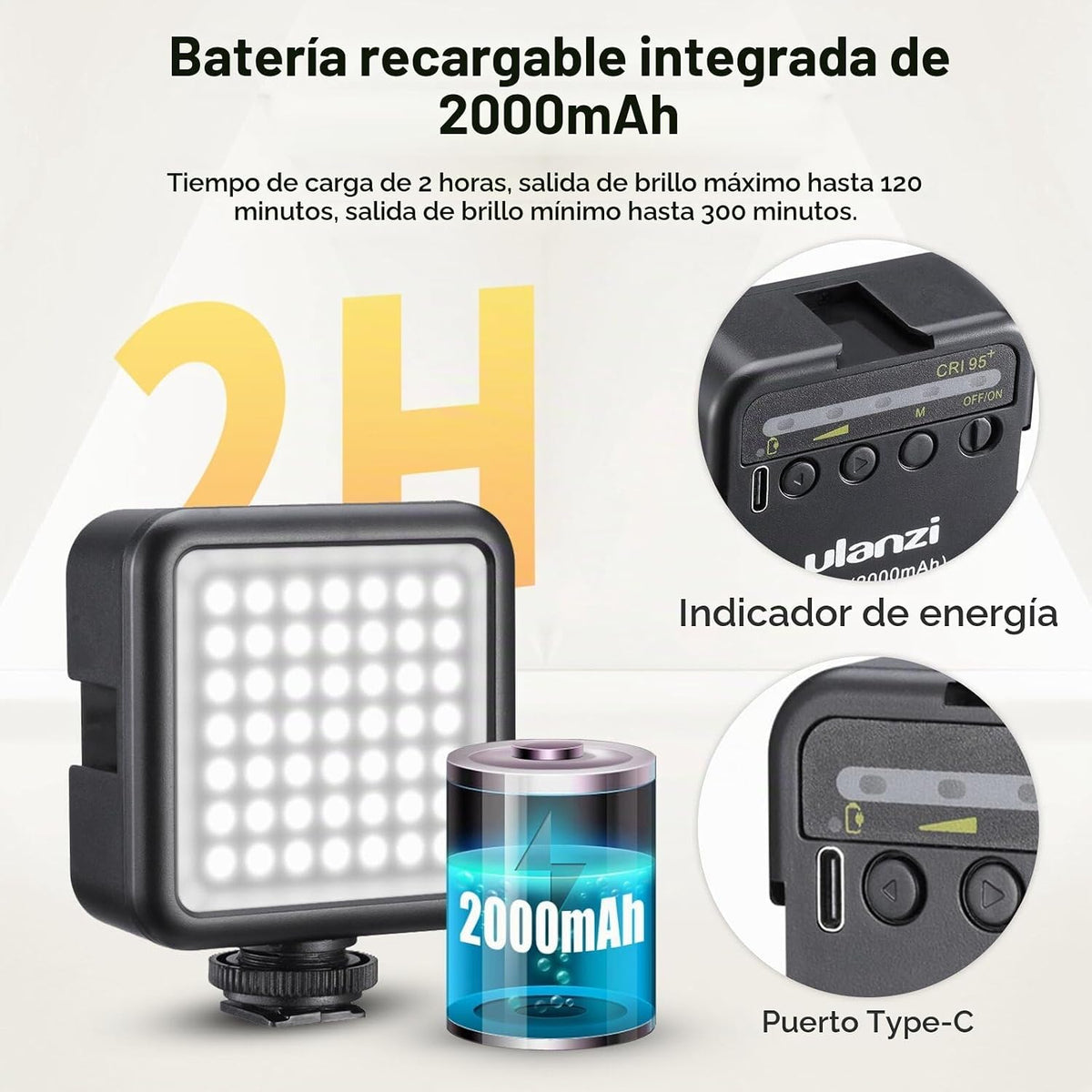 Ulanzi VL49 - Luz de relleno de video LED en cámara, 5500K 2000mAh...