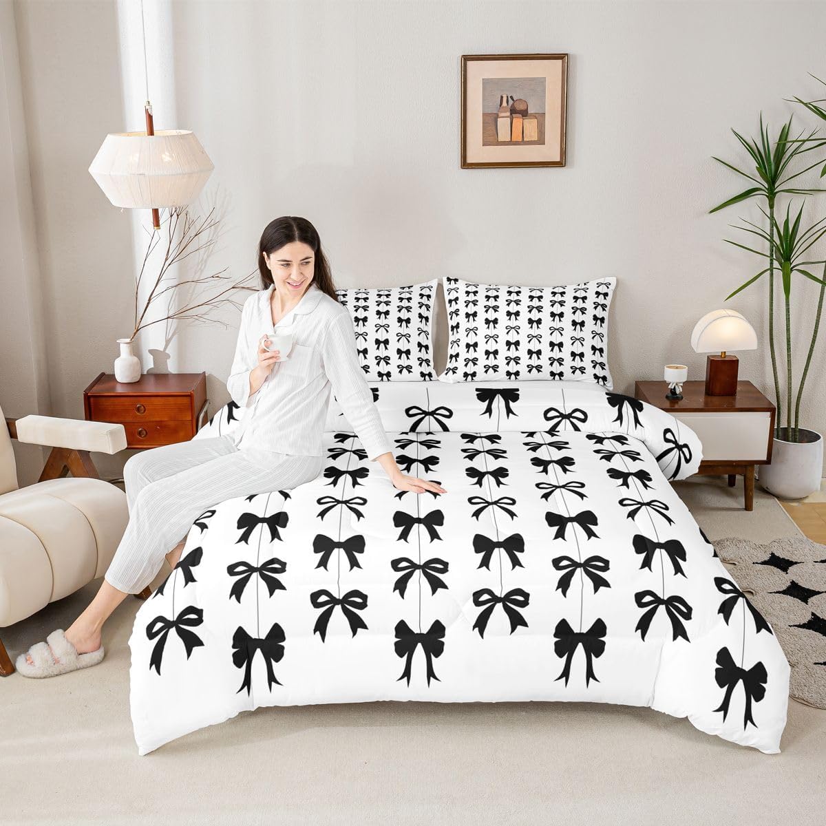 Erosebridal Juego de edredón Queen con lazo negro para niñas | Jueg...