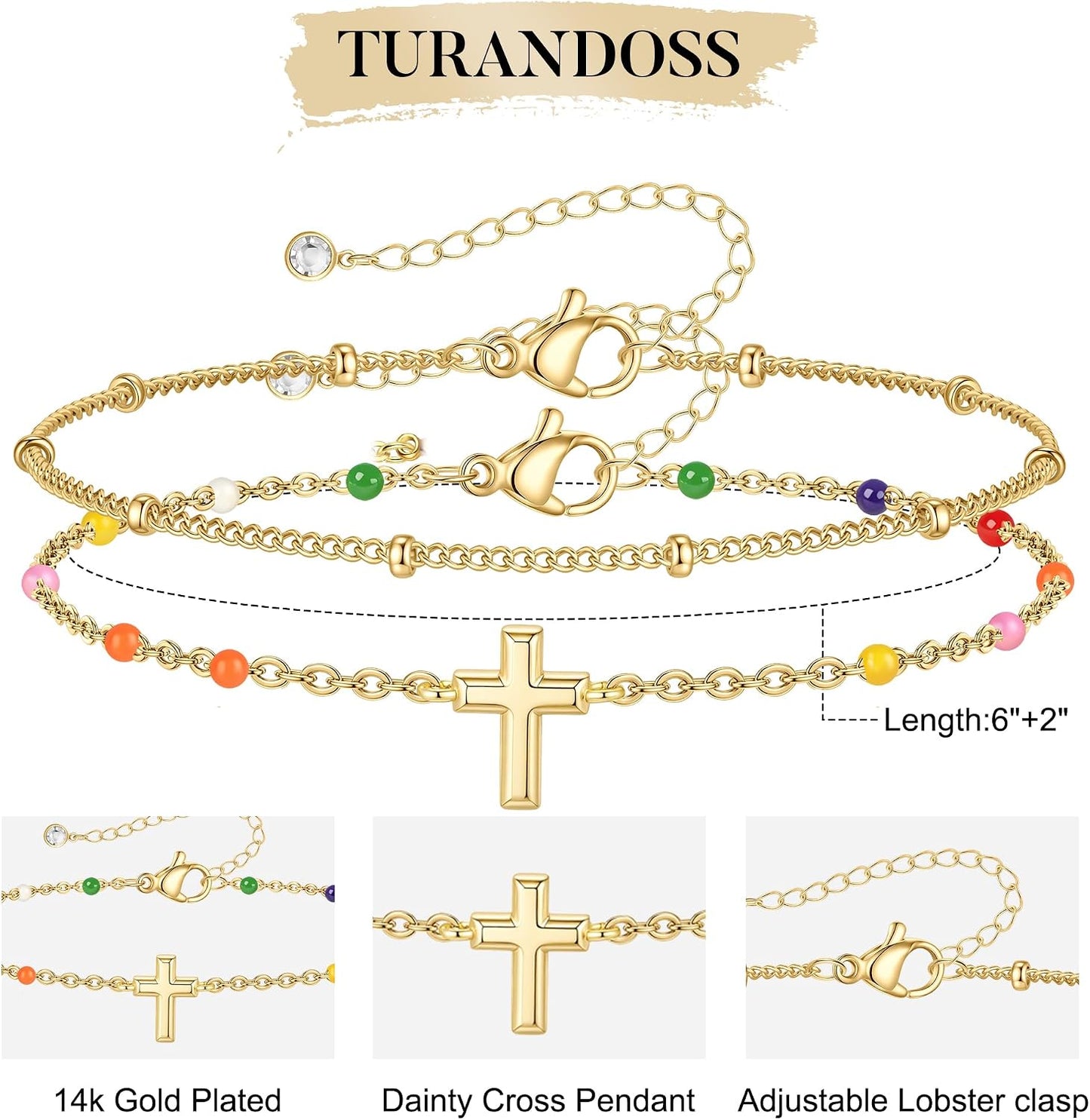 Turandoss Pulsera de cruz para mujer, chapada en oro de 14 quilates...