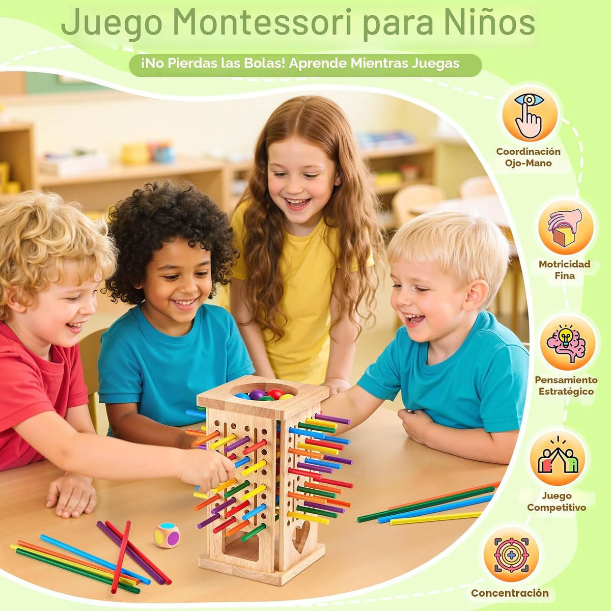 Juegos de mesa Montessori de madera, 42 palos coloridos juguetes de...