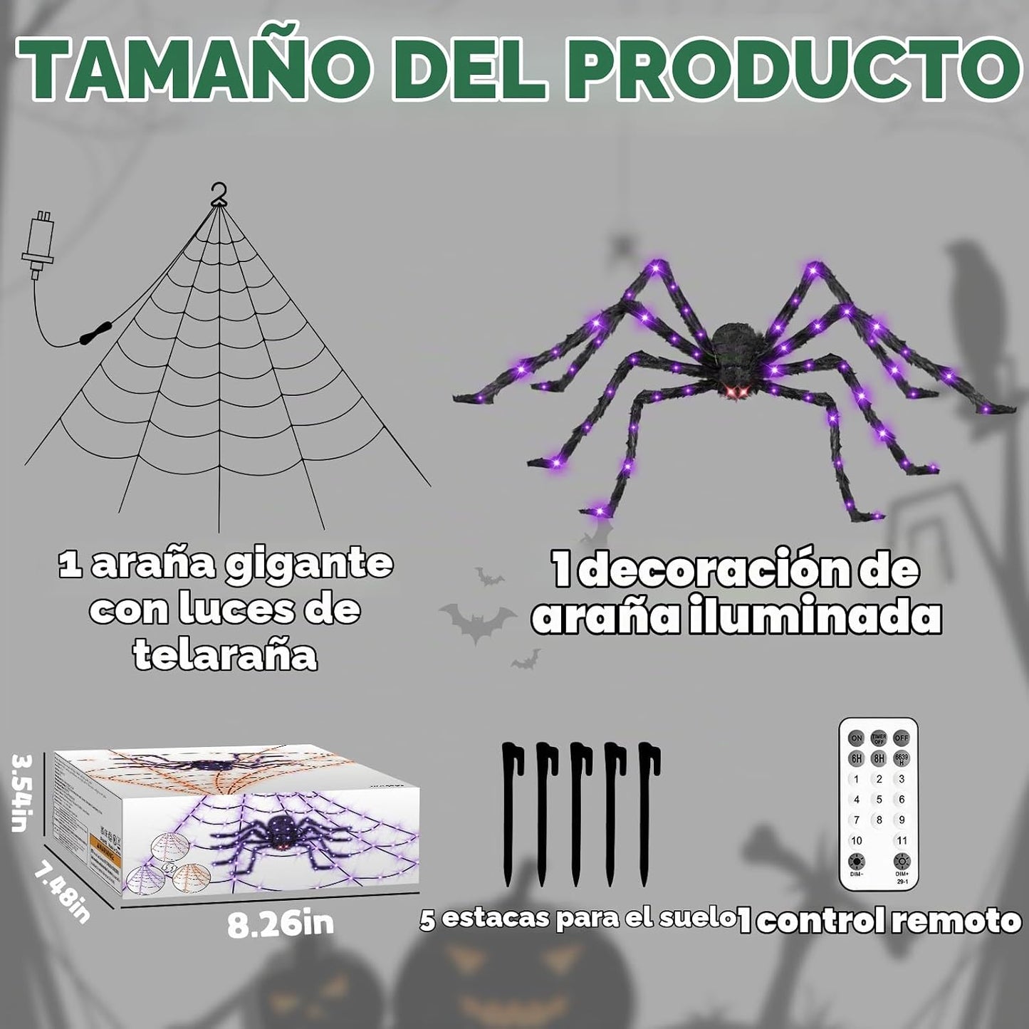 Decoraciones de Halloween al aire libre con araña gigante brillante...