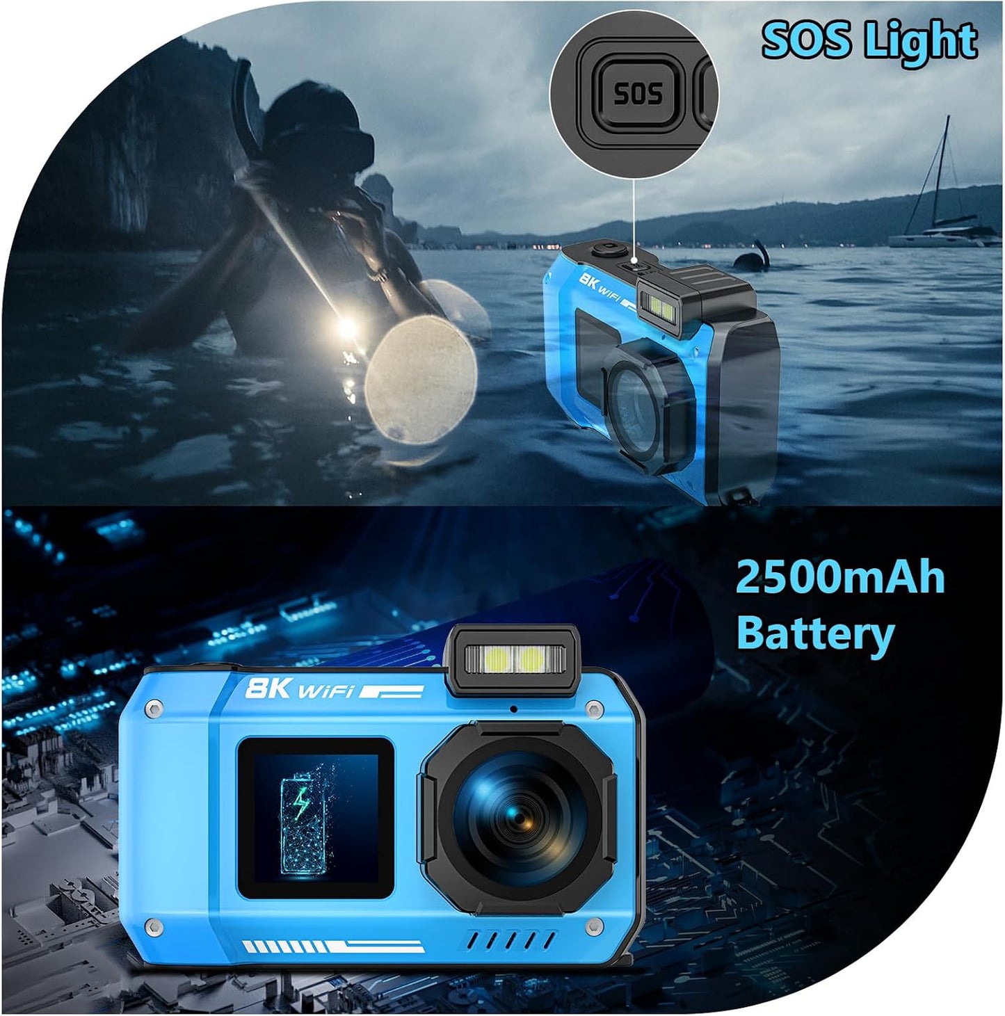 Cámara subacuática 8K, cámara digital impermeable WiFi de 70MP 33FT...
