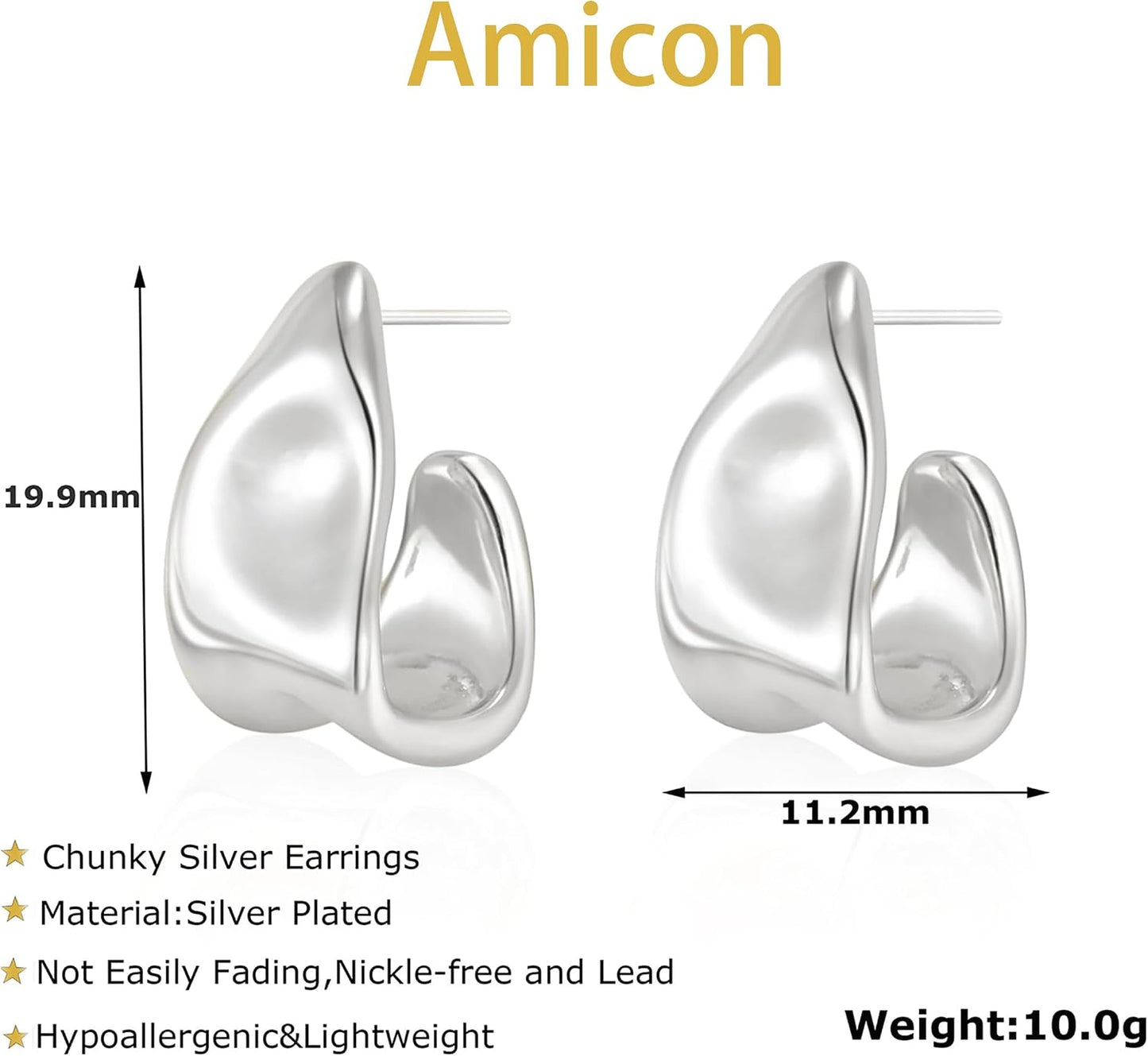 Amicon Pendientes de oro grueso para mujer, chapados en oro de 14 q...