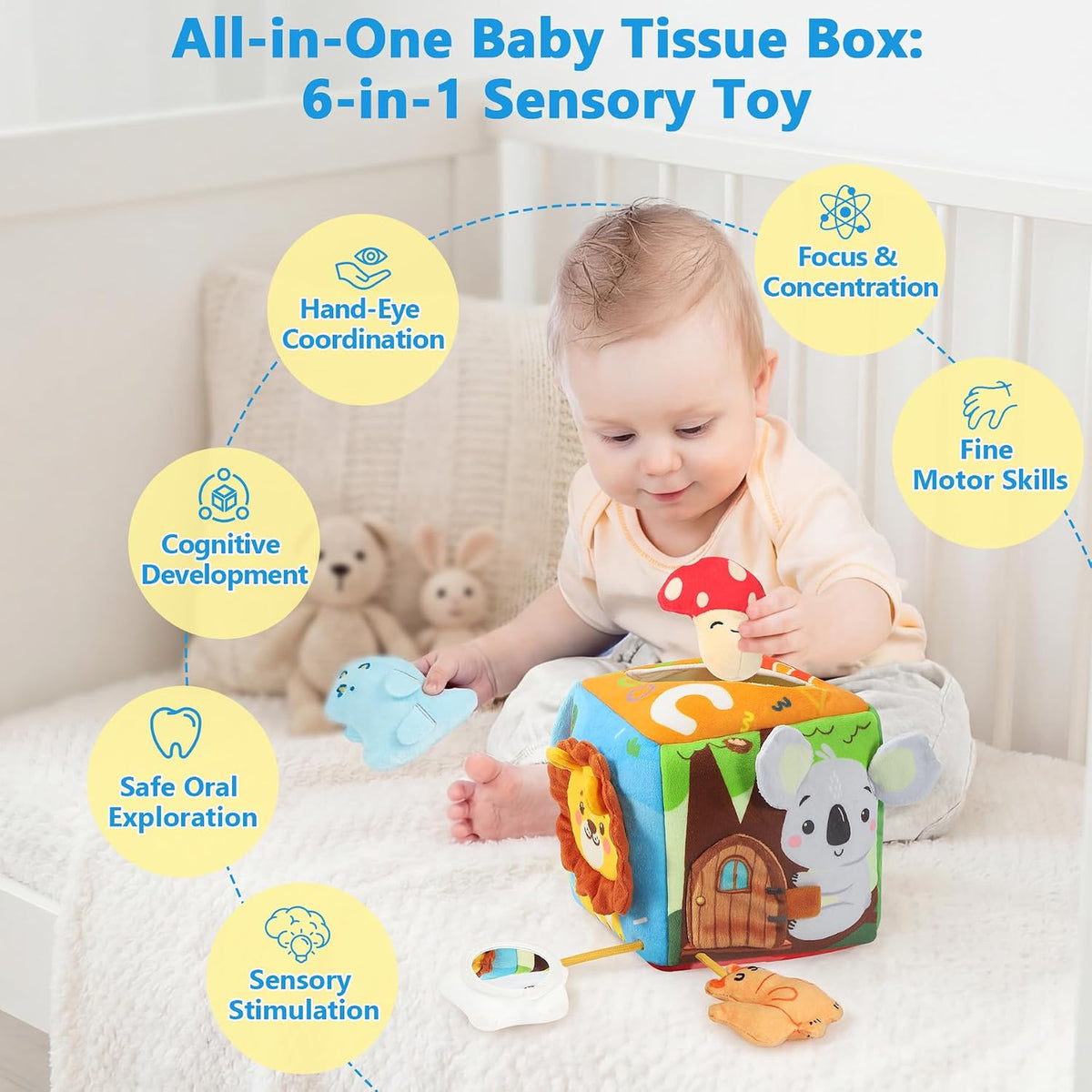 Caja de pañuelos para bebé, juguetes Montessori para niños de 6 mes...