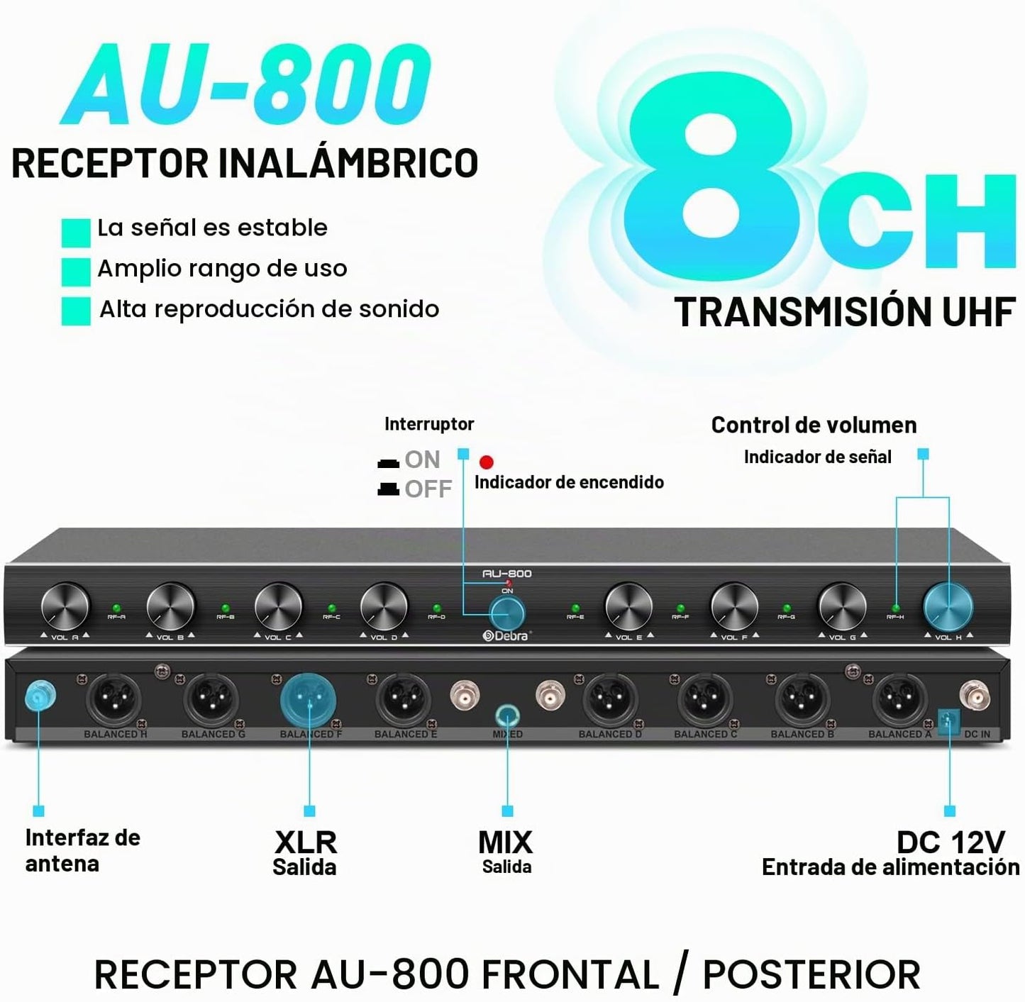 D Debra Audio AU800 Pro UHF Sistema de micrófono inalámbrico de 8 c...