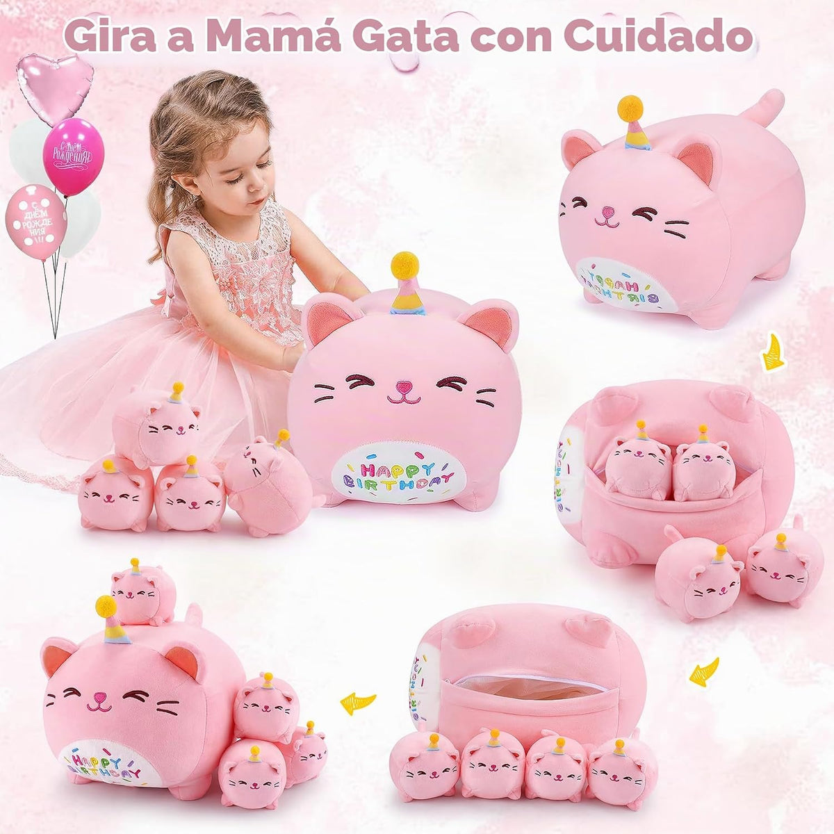 Peluche de Gato Rosa de Cumpleaños, 5 Piezas Familia de Animales de...
