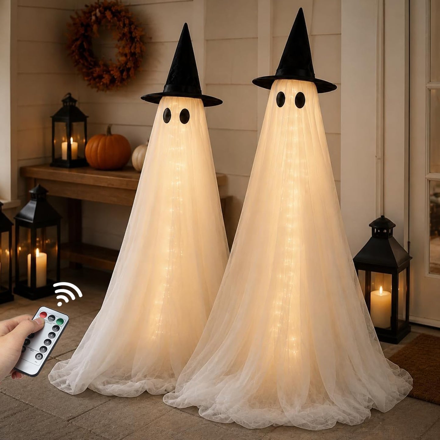Paquete de 2 decoraciones de fantasmas iluminadas grandes de 5 pies...