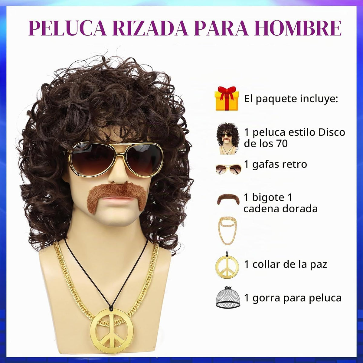 Guree Hair Peluca rizada para hombre + lentes + cadena dorada + col...