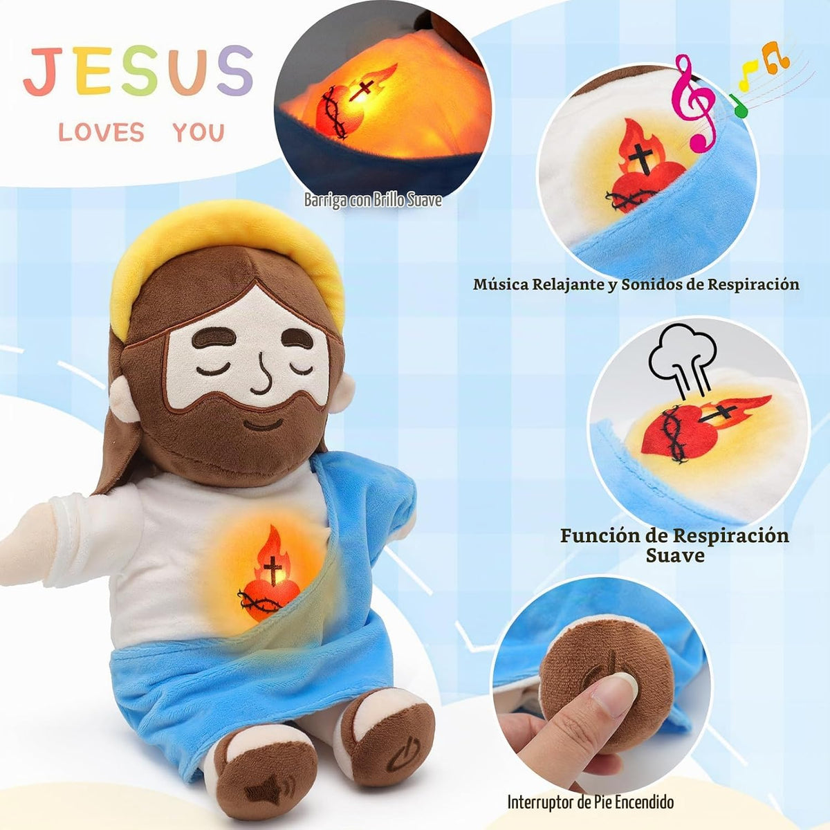 Yelakey Muñeco de Jesús de Peluche Relajante con Luz y Sonido, Muñe...