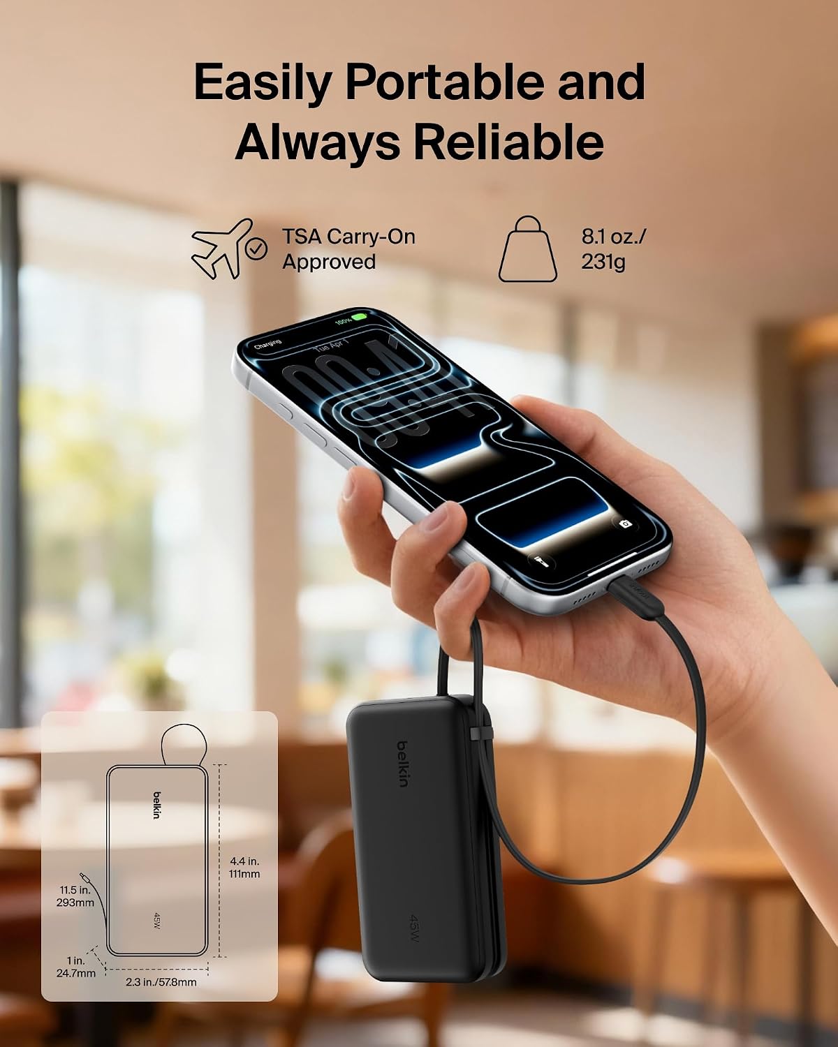 Belkin 10000mAh 45W Cargador portátil Power Bank, cable USB C integ...