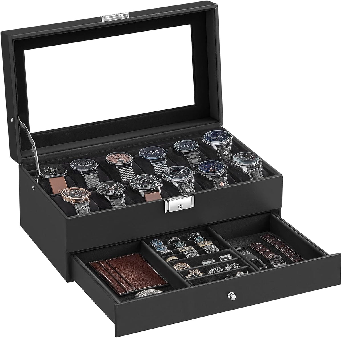 SONGMICS UJWB012B03 - Caja de reloj de 12 ranuras, caja de reloj co...
