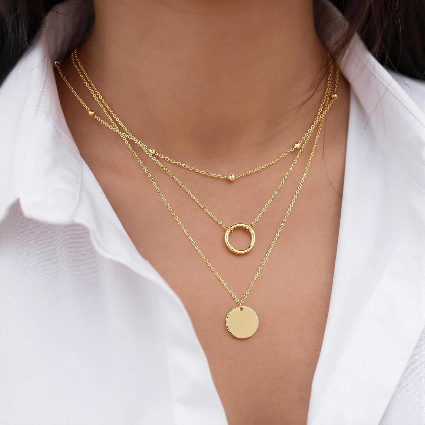 Turandoss Collares en capas para mujer, chapados en oro de 14 quila...
